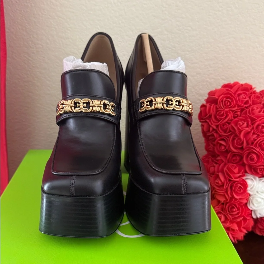 Sam Edelman Black Platform Loafers with Gold Chain - Picture 7 of 12